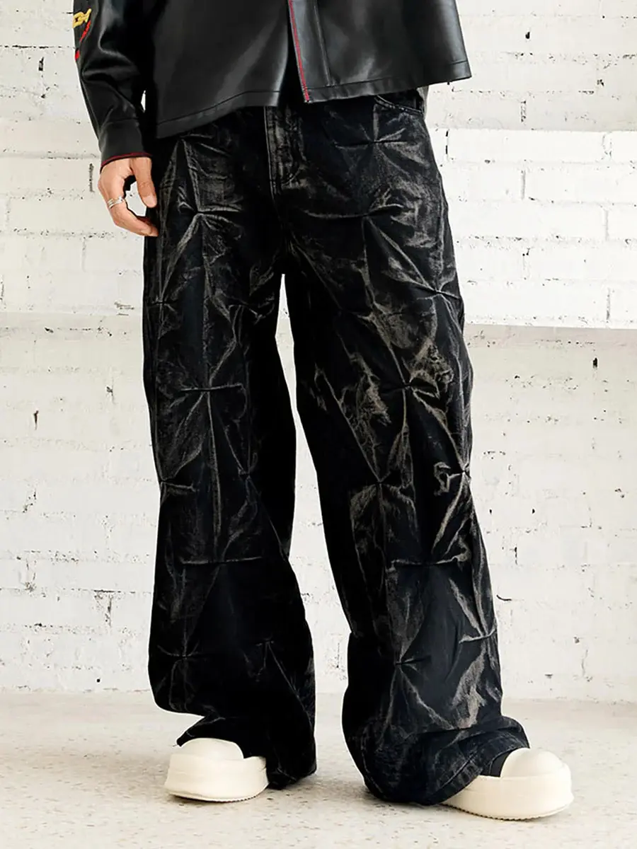 Thesupermade Heavy Washed Distressed Pleated Baggy Jeans
