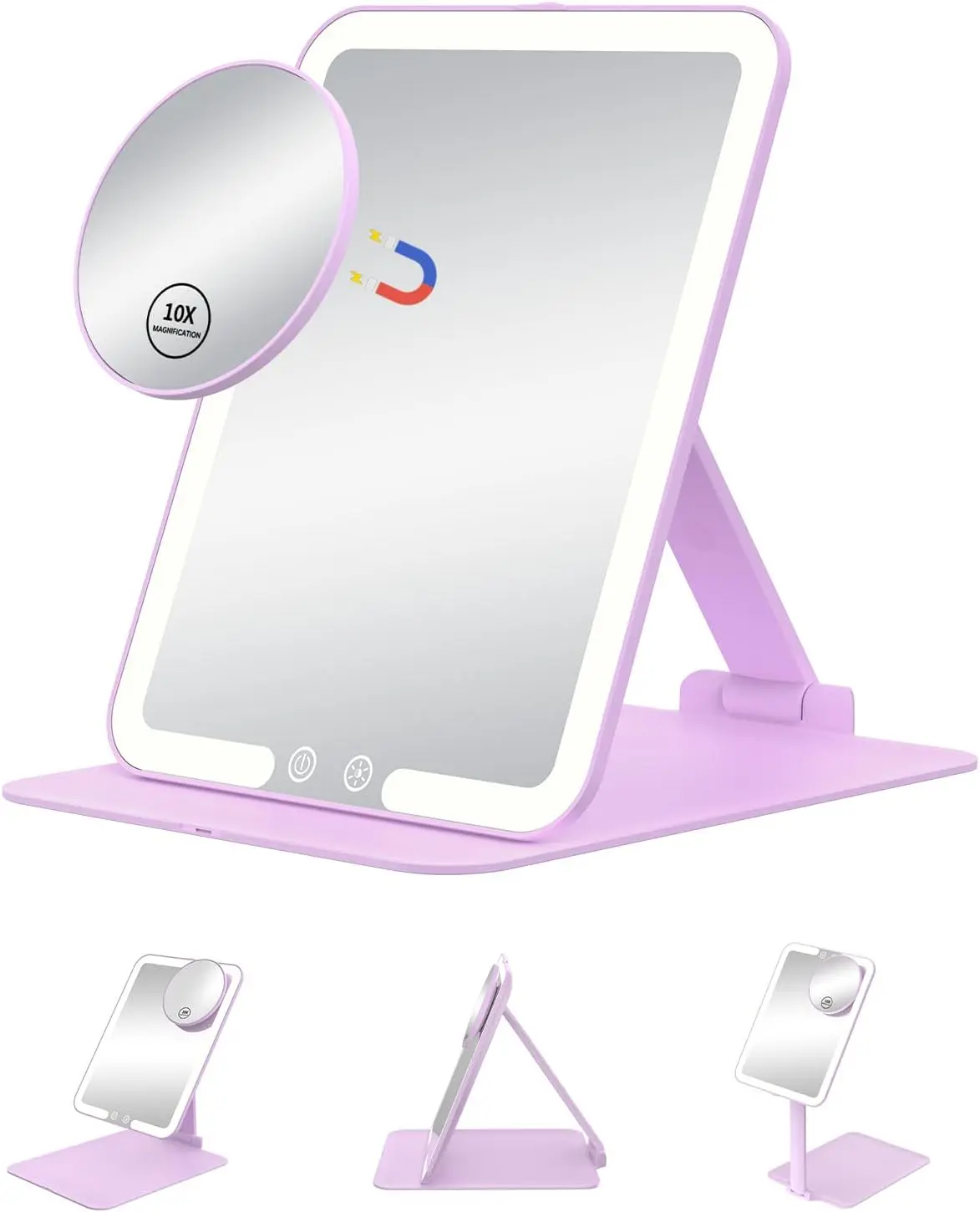Modern 10X Magnifying Rechargeable LED Travel Makeup Mirror with 3 Colored Lights, Adjustable Stand, Portable Compact Tabletop Vanity Mirror with Bag - Purple