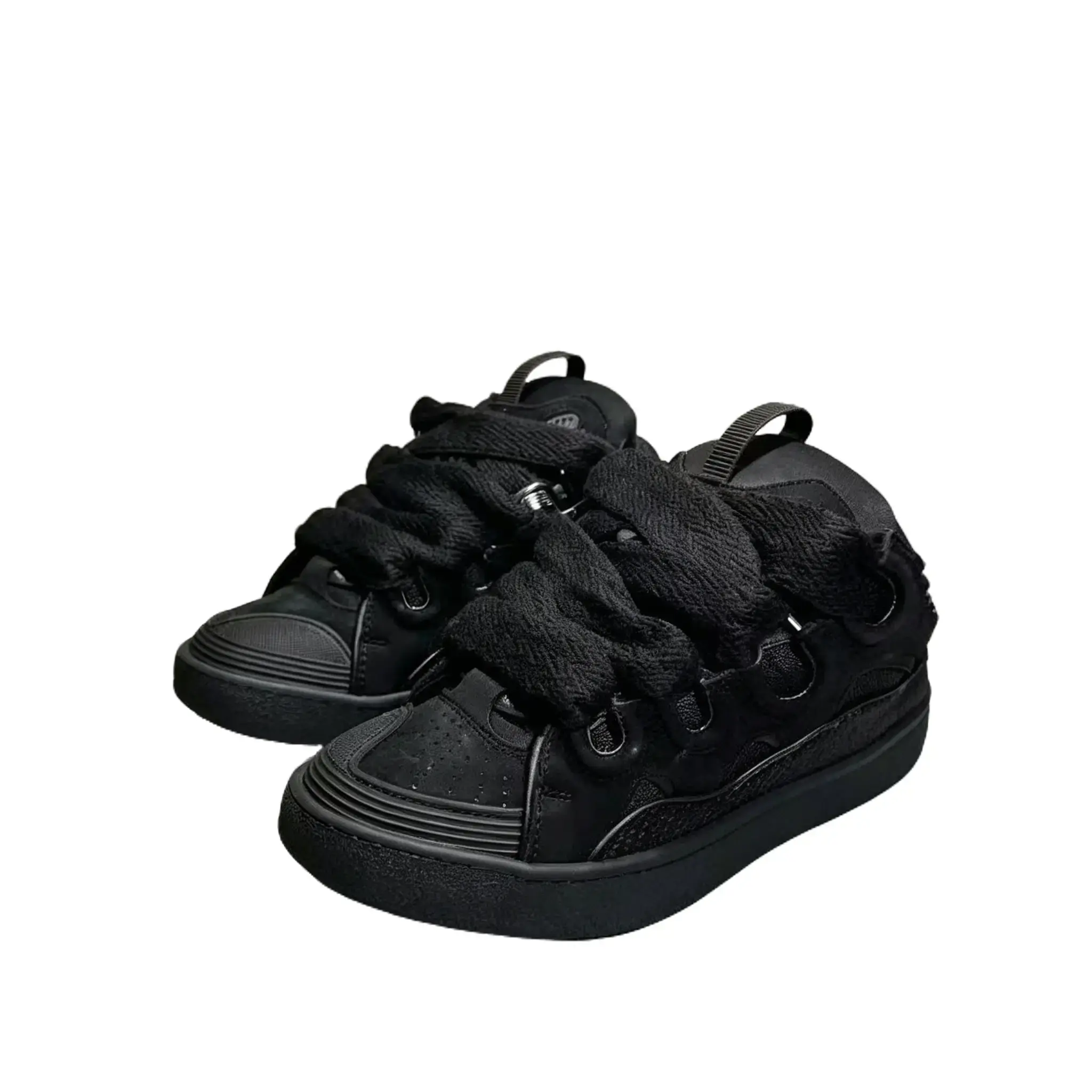 Women'S Goth Style Chunky Platform Shoes, Monochrome All Black Design, Textured Fuzzy Laces, Comfortable Cushioned Insole, 2025 Fashion Sneakers All Black Chunky Sneakers Fuzzy Wide Lace Platform Sneakers, Black Thick Lace Shoes Footwear Casual