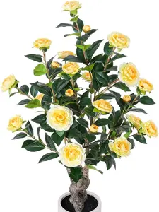 Pack Artificial Camellia Tree with White Planter - 39 inch Tall Fake Tree,3.2 Ft Artificial Plants Indoor & Outdoor Housewarming Gift