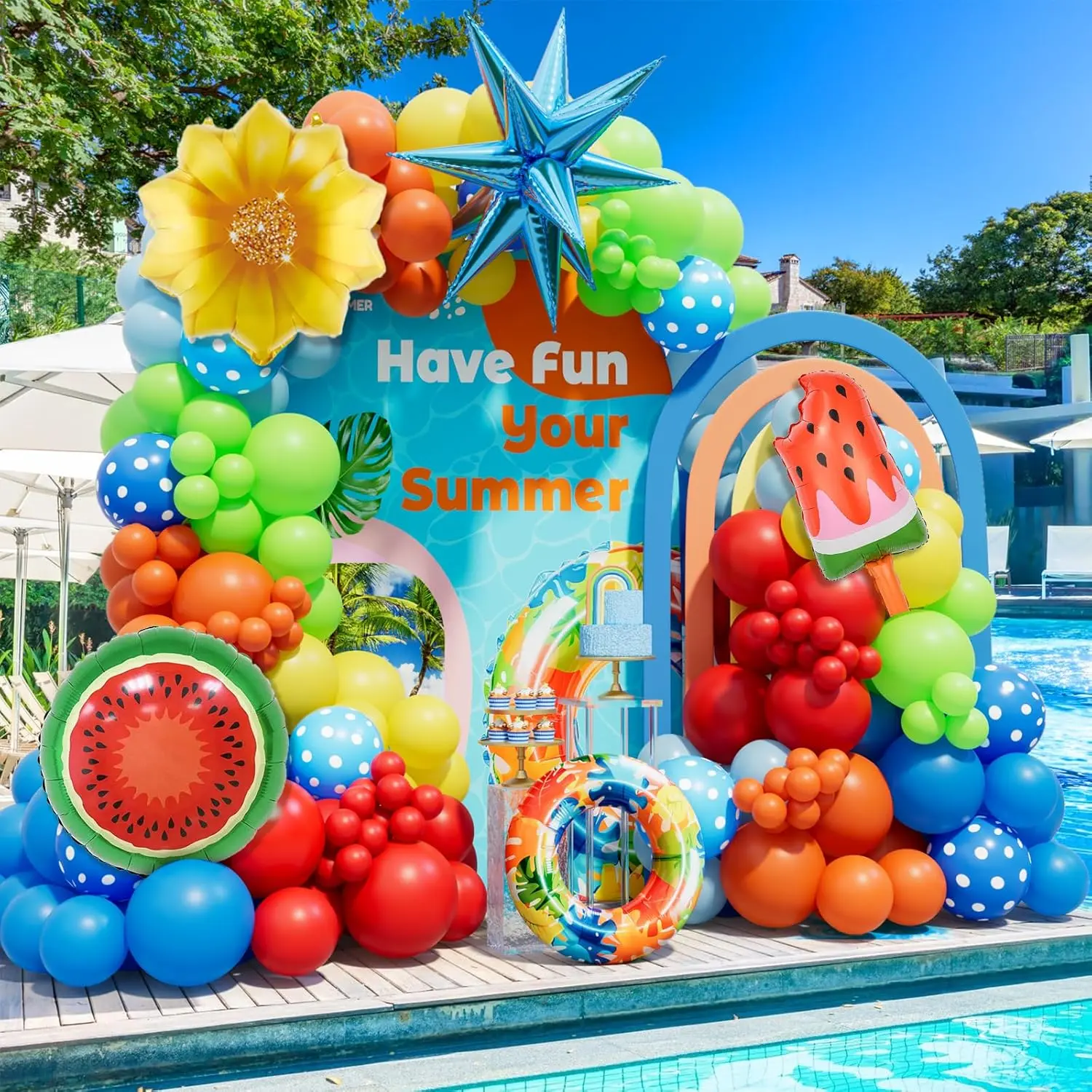 Summer Tropical Balloon Arch Kit with Sun Watermelon Star Foil for Pool Beach Luau Party Decor Set