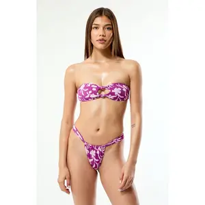 Pacsun Women's Purple Floral Shelley Knotted Bandeau Bikini Top
