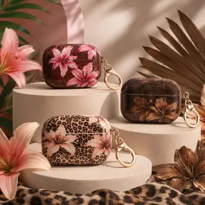 Leopard Print Floral AirPods Pro Case No Keychain, Pink Lily Airpod Cover, Brown Aesthetic Animal Print Earbuds Case, Cute Gift for Her