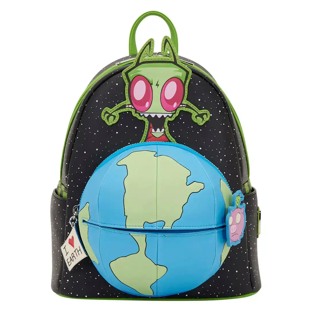 Loungefly Nickelodeon Invader Zim Glow in the Dark Mini Backpack with Moving Gir, Faux Leather All Over Print Alien Design, Alien Design Backpacks, All Over Print Backpacks