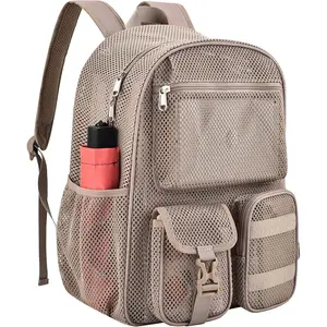 Mesh Backpack for School, 25L Large Heavy Duty mesh Schoolbag for Adults Girls Boys  with Inner Laptop Compartment for Outdoor Hiking Beach(Khaki, Small)
