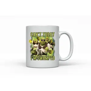 [Sale Up To 50%] Funny Shrek Meme Mug - Can't Today I'm Swamped Coffee Cup - Ogre Art Gift - Movie Quotes Swamped Present - Shrek Fan Pop Culture - 11oz & 15oz ceramic mug