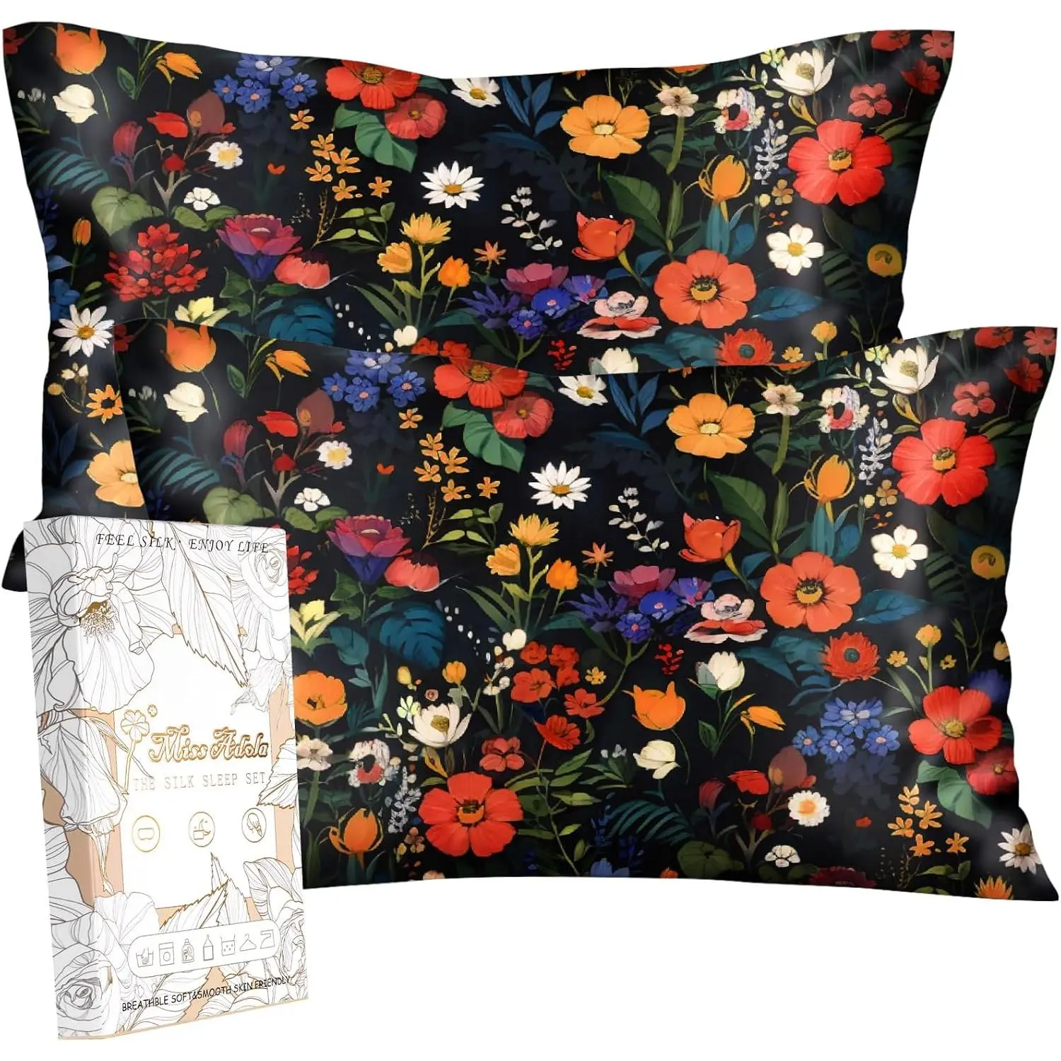 2 Pack Silk Pillowcases - Standard Size 20 x 26 Inch Pillow for Hair and Skin Soft Cooling Bed Sleeping Pillow Covers with Zipper for, Black Floral