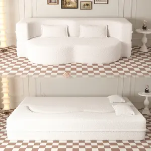 Modern Floor Sofa with 2 Pillows,Convertible Teddy Fabric Foam-Filled Sleeper Sofa Bed,15" Full Size Folding Mattress for Living Room,Guest Bed,Playroom,no assembly required,Beige/White