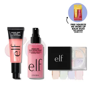 e.l.f. Prep, Set, Glow Trio - Grip Primer + Rosé Setting Spray + Brightening Powder Quad for Long-Lasting Radiance