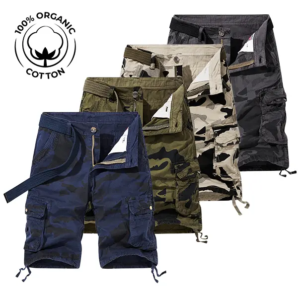 Retro color-block camouflage cargo shorts, 5-inch inseam, available in four colors — washed, breathable pure cotton with drawstring cuffs; men’s streetwear travel mid-length shorts
