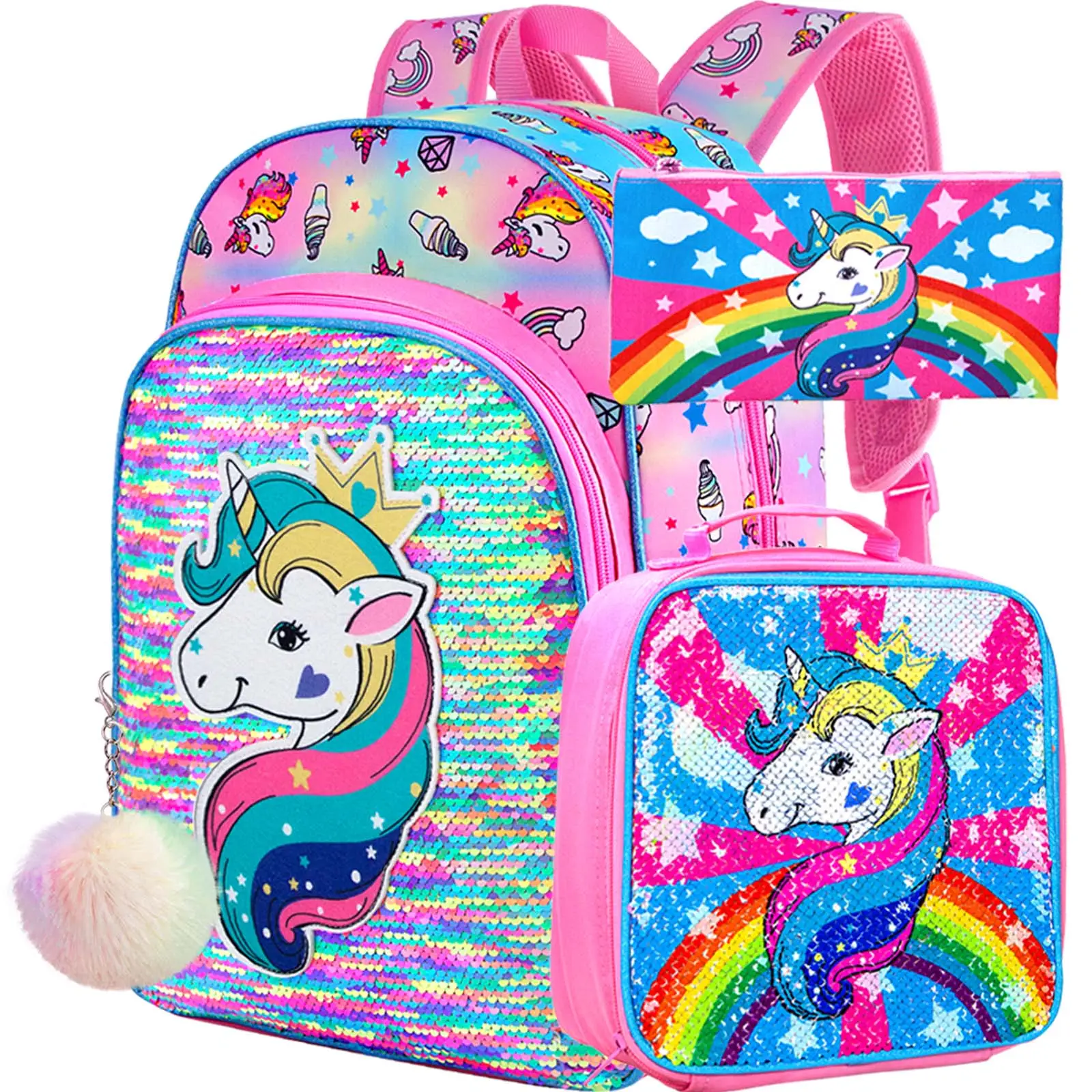 3PCS Girls Backpack, 16" Sequin Prechool Elementary Bookbag and Lunch Box
