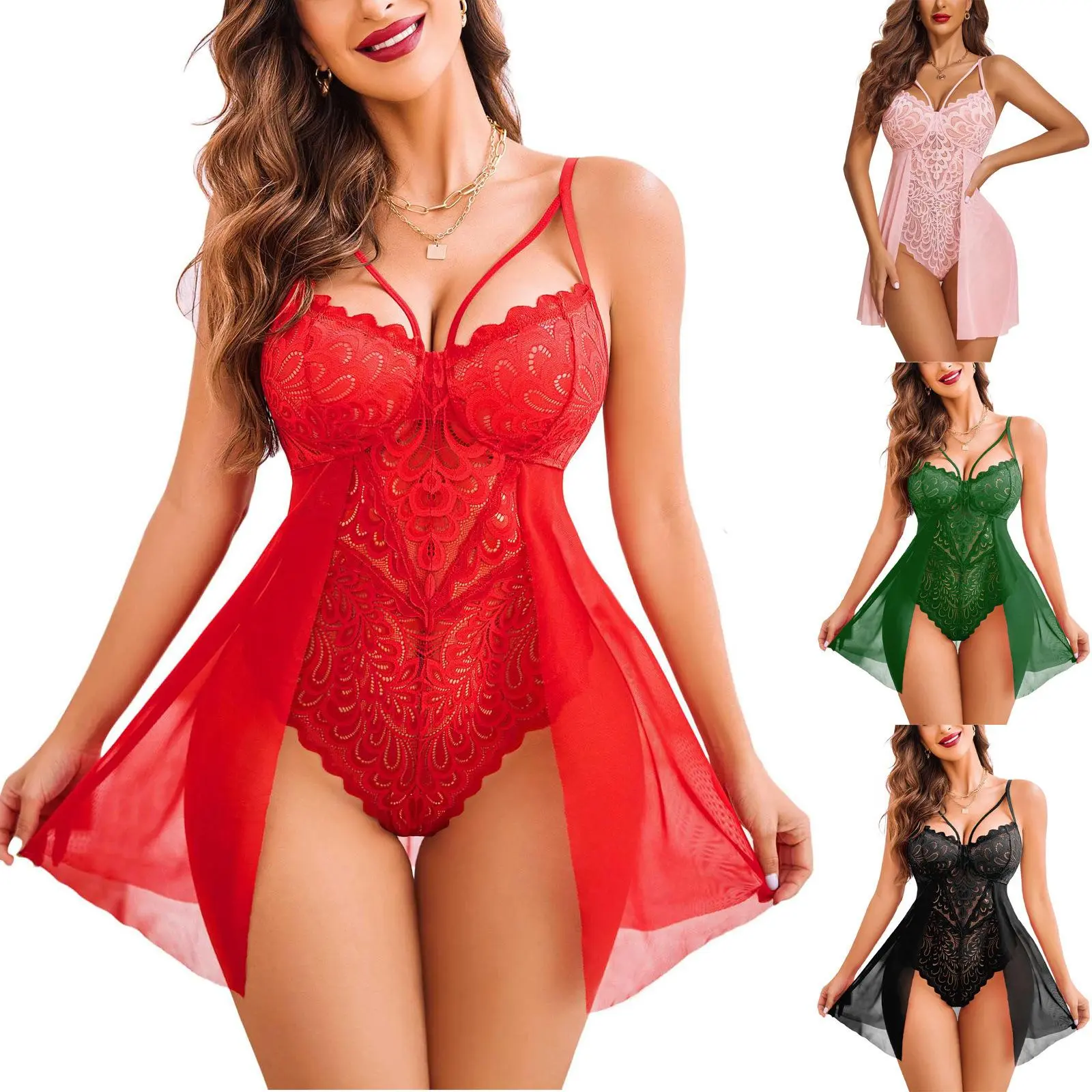 Women's Lacy Halter V-Neck Lace Chemise - Elegant Style 1-Piece Sexy Sleepwear Nightdress