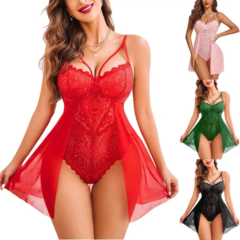 Women's Night-ready Lace V-Neck Halter Chemise - 1-Piece Elegant Lingerie Nightdress, Women's Sleepwear & Loungewear Underwear