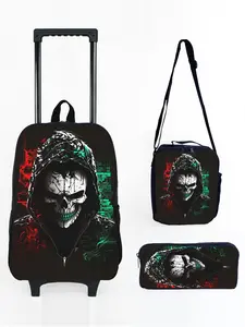 17-inch Rolling Backpack Set with Skull Clown Pattern Print