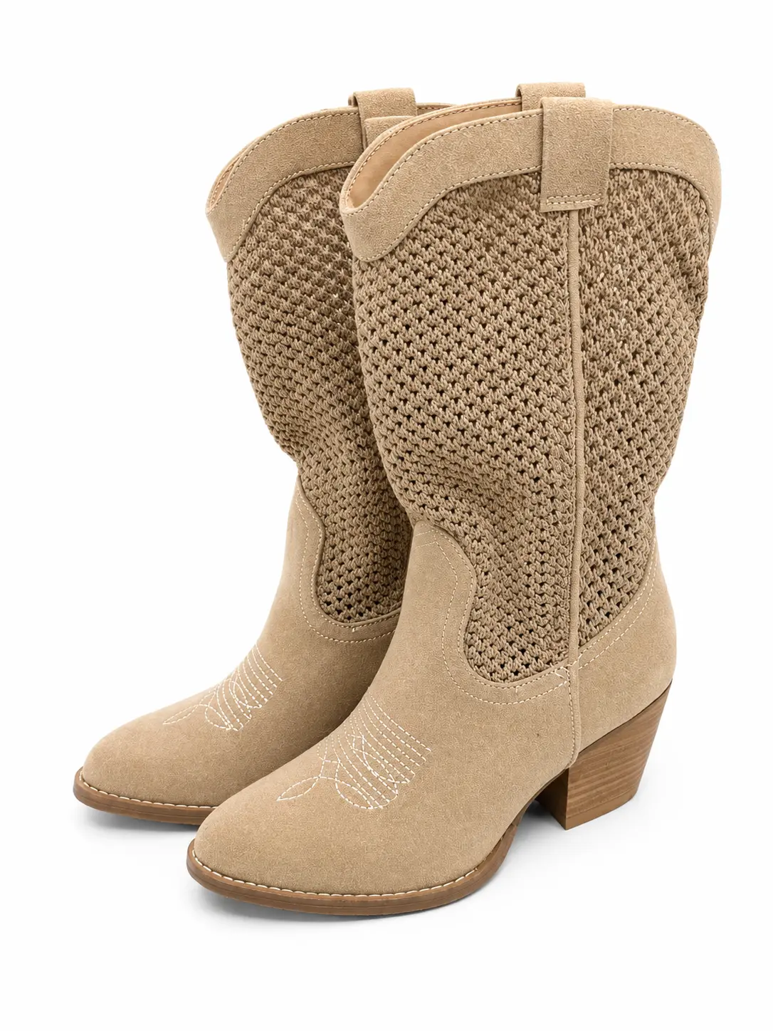Women's Western Knit Cowboy Boots – Mid Calf Block Heel