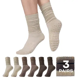 CoolMate Pilates Socks with Grips for Women, Yoga Socks, Crew Non Slip Women for Barre, Pilates Gifts (US, Numeric, 6, 10, Regular, Regular, A-11. 3 Pairs Slouch Brown/Light Brown/Beige)
