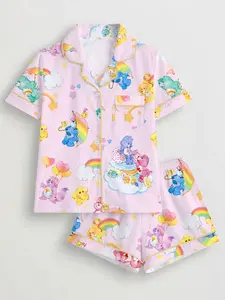Women's Cartoon Bear Print Pajama Set, Short Sleeve Button Front Top and Elastic Shorts, Elegant Fitted Sleepwear for All Seasons