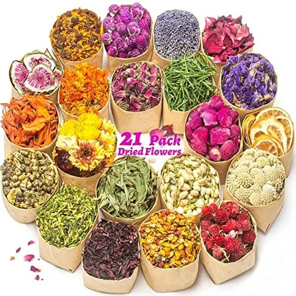 LAVEVE Dried Flowers, 21 Bags Natural Dry Flower Herbs Kit for Soap, DIY Candle, Bath, Resin Jewelry Making Include Lavender, Don't Forget Me, Lily, Rose Petals, Jasmine and More