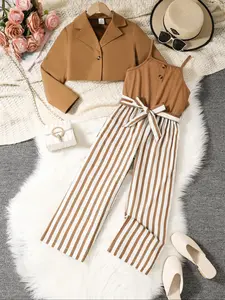 Girls' Spring & Fall Set, Casual Outfit Set, Colorblock Sleeveless Romper + Button Front Long Sleeve Jacket, Casual Youthful Clothing