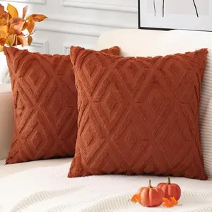 Rust Throw Pillow Covers Set of 2 | 18x18 Soft Plush Faux Fur Cushion Covers with 3D Diamond Pattern