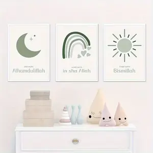 3 Piece Islamic Cartoon Wall Art, Unframed Canvas Print, Arabic Bismillah Alhamdulillah, Sun Moon Rainbow, Living Room Bedroom Decor