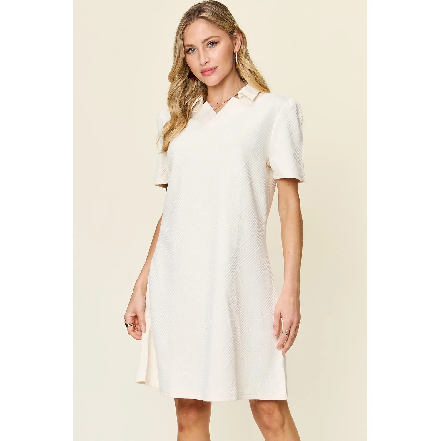 Double Take Full Size Texture Collared Neck Short Sleeve Dress