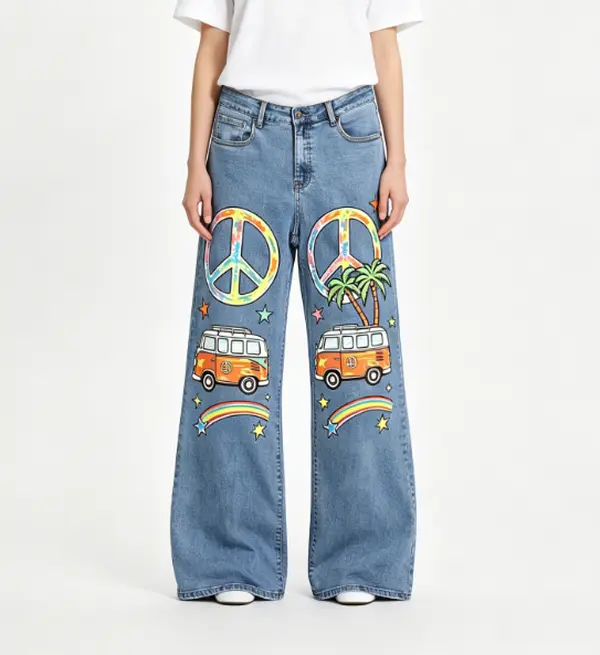 Women's Retro Star-Print High-Waist Wide-Leg Denim Jeans, 70s Vintage Hippie Style, Comfortable Funny Fit Casual Bottoms for Festival Wear, Bootcut, Star Jeans