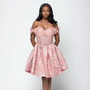 Rosé Élégance Dress - Off-Shoulder Pink Brocade with Sweetheart Neckline and Flared Skirt