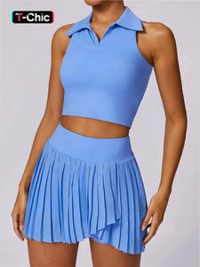 two-piece set women's solid tracksuit set, fashion crop tank top & pleated skirt, sporty breathable outfits for gym workout running, ladies summer sportswear