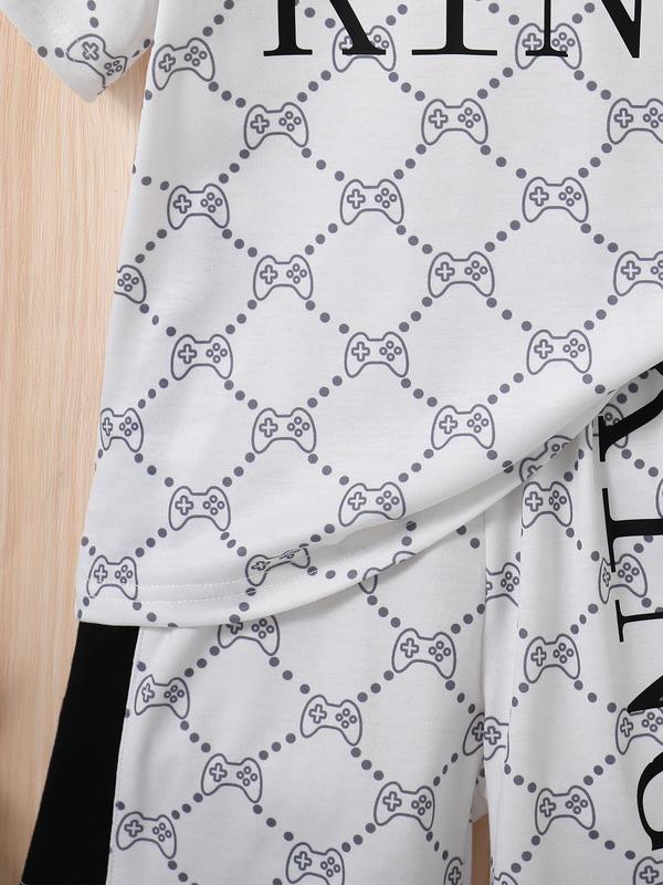 Two-piece Set Boy's All Over Game Console Letter Print Side Stripe Tee & Shorts Set, Casual Short Sleeve T-shirt & Elastic Waist Shorts, Summer Outfits Clothes for Kids