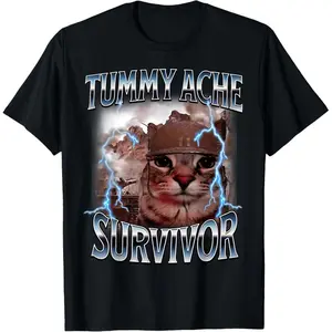 💎 I Survived Today's Tummy Ache Survivor Funny Cat Meme T-Shirt