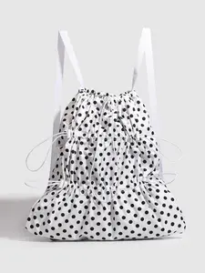 Retro artistic style fashionable texture polka dot backpack, multiple drawstrings to adjust details, large capacity simple casual versatile high-quality backpack, suitable for daily commuting/shopping