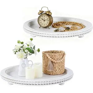 Decorative Trays for Home Decor, Round Wooden Trays for Coffee Table, White Stripes Tray for Living Room, Kitchen, Farmhouse Centerpiece Decor (2-Pk)