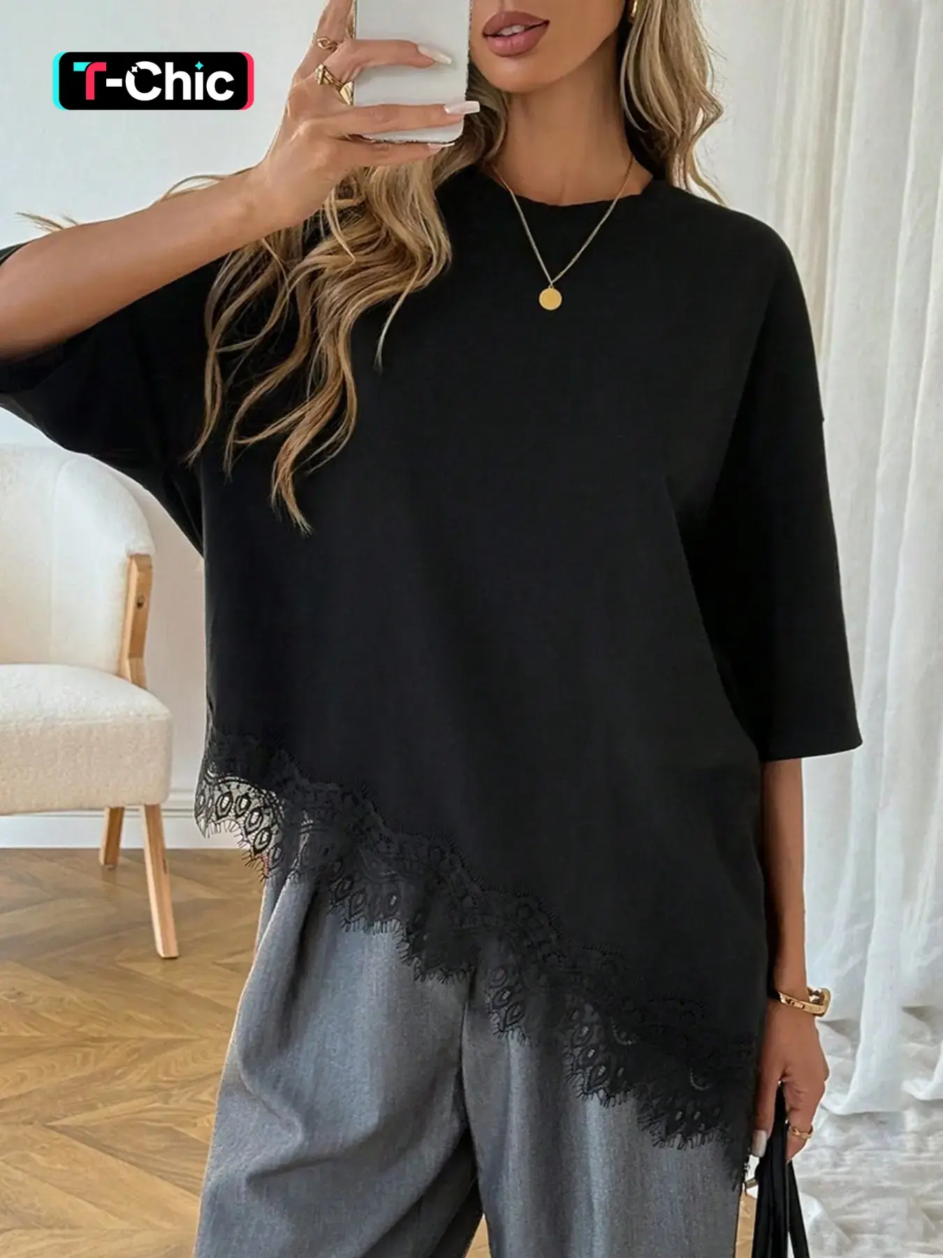 Casual Lace Trim Short Sleeve Basic Baggy T-Shirt Women's Fashion Top Daily Wear Everyday Solid Summer Outfit Ladies T-Shirt Womenswear