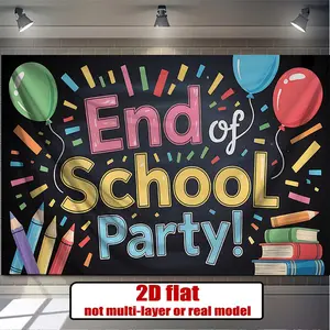 2D Flat Banner Polyester Photography Backdrop, HD Digitally Printed Soft Lightweight Foldable Background Cloth with Chalkboard Style End of School Party Theme, Colorful Balloons Pencils Books Design for Graduation Celebration, Sch