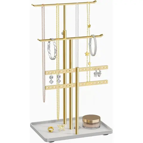 Jewelry Holder Stand Organizer Gold: Hanger for Necklaces, Earrings, Bracelets and Rings, Jewlery Display Boxes Gift Metal Wood Mother Wooden Multilayer Storage
