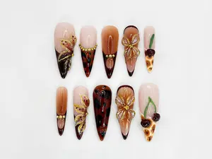 Brown Tortoise Shell Press On Nails - Handmade Gold Floral Accent Nails - Tortoise Shell and Cherry Design - Brown Ombre Accents