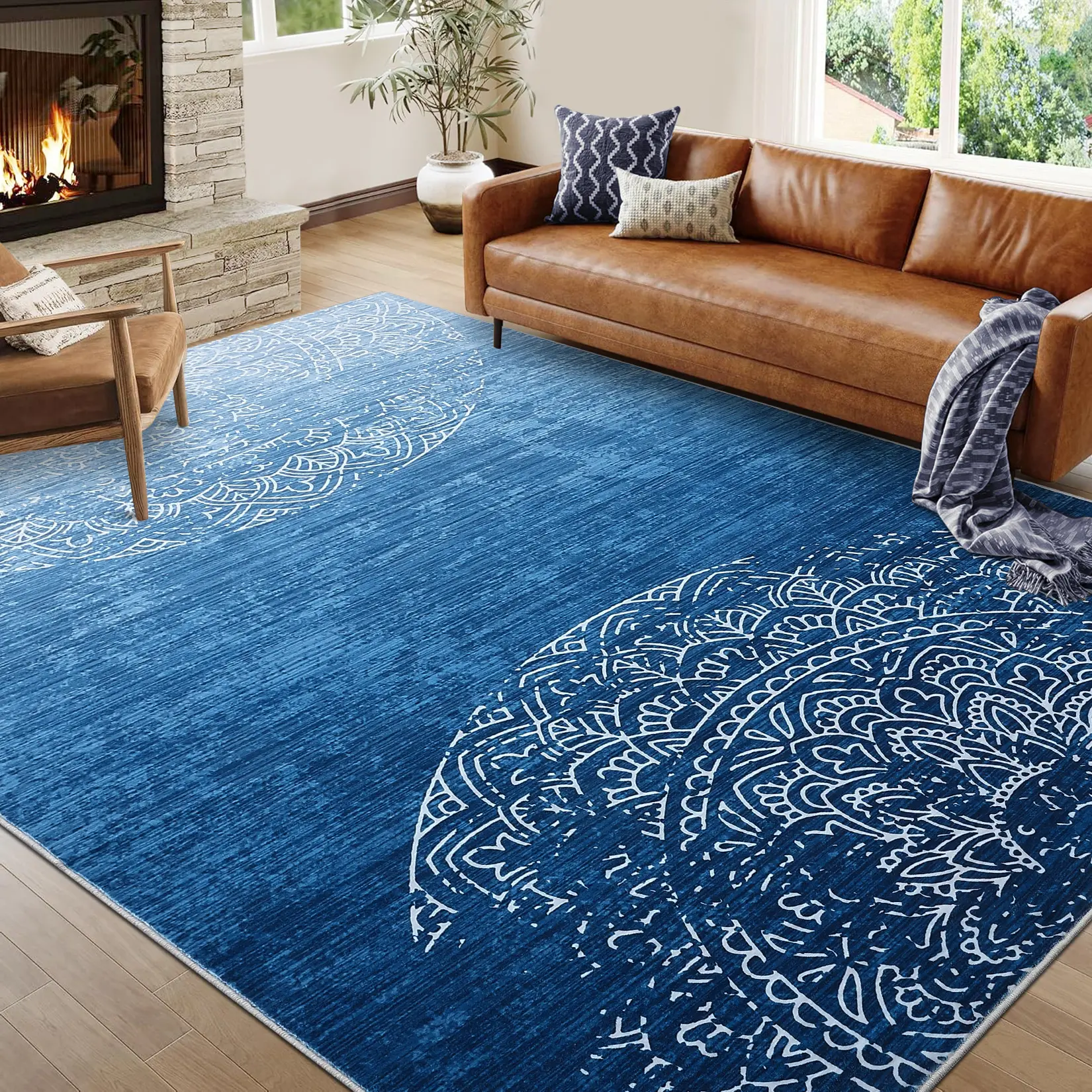 Modern Abstract Rug, Washable Rug Ombre Rug Distressed Medallion Rug for Living Room, Stain Resistant Thin Rug with Non Slip Backing, Indoor Foldable Printed Rug for Bedroom Nursery
