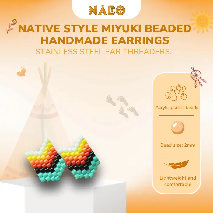 Native Style Handmade Earrings for Women 1 Inch with Colorful Miyuki Delica Glass Beads Handcrafted Cultural Significance Unisex Jewelry Hypoallergenic Hooks Elegant Design Stainless Steel Threaders