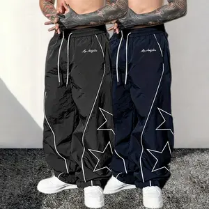 Men’s 2-Pack Street Style Joggers — Elastic Drawstring Waist, Star Print + Contrasting Lines, Essential for Hip-Hop and Everyday Wear