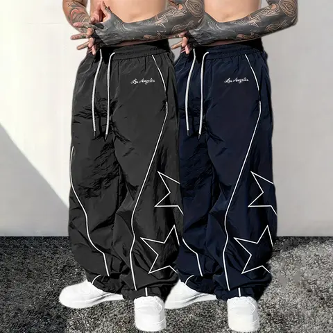 Men's 2-Pack Baggy Star Print Drawstring Sports Joggers - Elastic Waist, Contrasting Lines, All Season, Loose Jogger Fit, Relaxed Fit, Athleisure Style Pants, Men's Baggy Sweatpants for Hip-Hop, Street Casual Wear