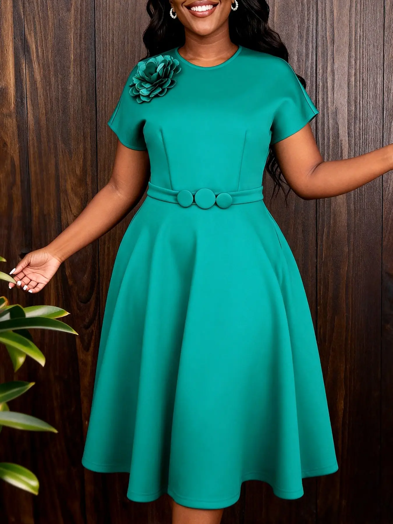 Elegant Women A Line Dress O Neck Short Sleeves 3D Flower Fitted Waist Pleated Hem Work Party Church Wedding Guest Formal Casual Classy Gowns