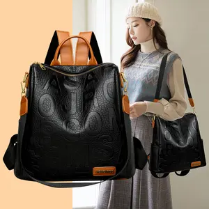 Embossed large-letter backpack, 2026 popular color-blocking multi-functional travel backpack, textured soft leather school bag for female students