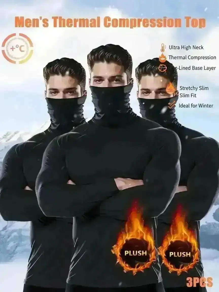 2026 3 PCS Men's Ultra High Neck Thermal Compression Tops – Lightweight Fleece-Lined Base Layer, Stretchy Slim Fit Long Sleeve Shirts for Winter Training, or Daily Layering Wear, Running, Gym and Stylish Design