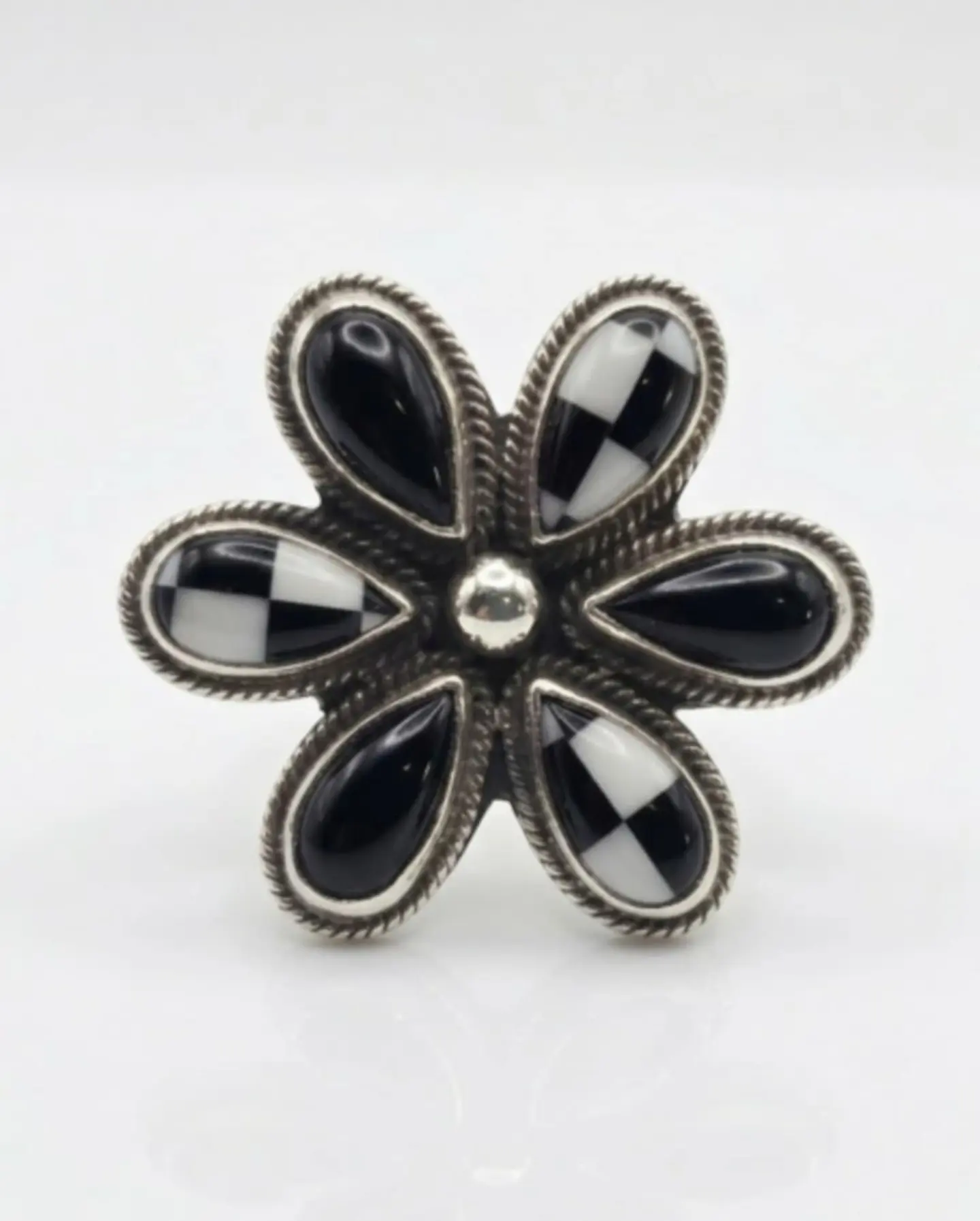 Adjustable Flower Ring Black Onyx & Checkerboard