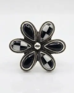 Adjustable Flower Ring Black Onyx & Checkerboard