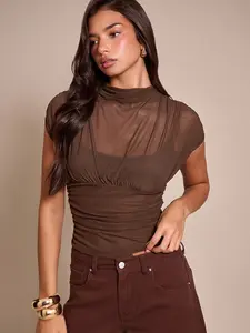 Women's Fashionable Simple Commuter Mesh Drape Pleated Top, Elegant Sleeveless Shirt, Casual Fitted, All Seasons Wear
