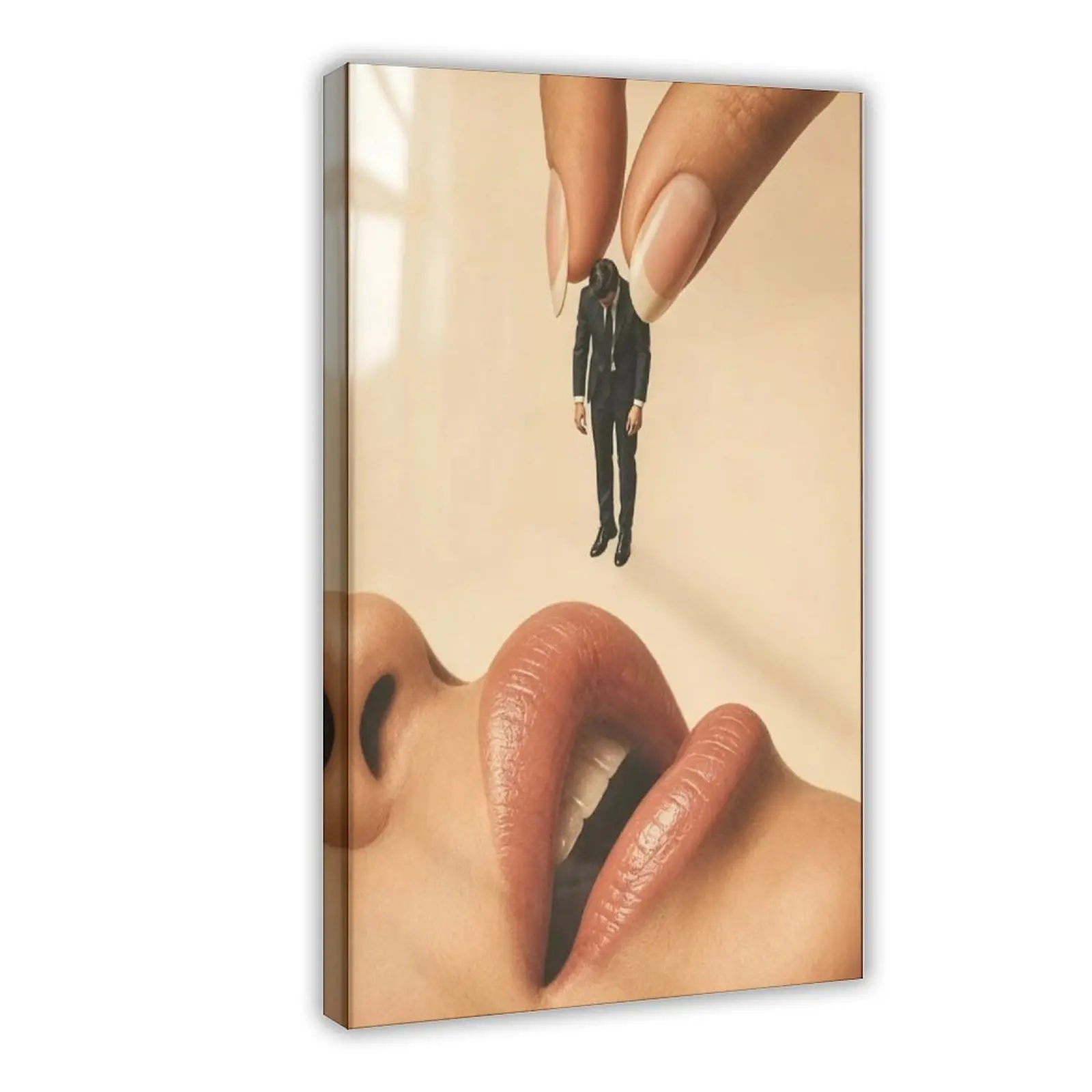 Surreal Feminist Collage Wall Art Poster - Woman Lips and Mini Man Design Home Decor Print