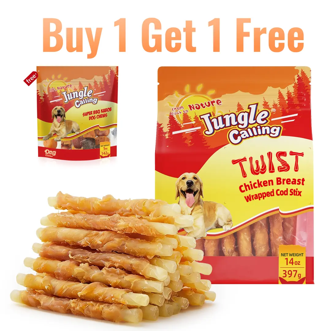 「Buy 1 Get 1 Free」(397g Only)Jungle Calling Chicken Wrapped Cod Sticks Rawhide-Free Dog Treats, 14 oz (397 g) Bag,Soft Chewy Training Treats, Dog Chews, Chew Sticks, Cod Fish Treats, Chicken Dog Snacks, Reward Treats, High-Protein Pet Snacks,