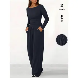 Women’s 2-Piece Ribbed Knit Loungewear Set – Long-Sleeve Scoop-Neck Top and Wide-Leg Pants with Pockets